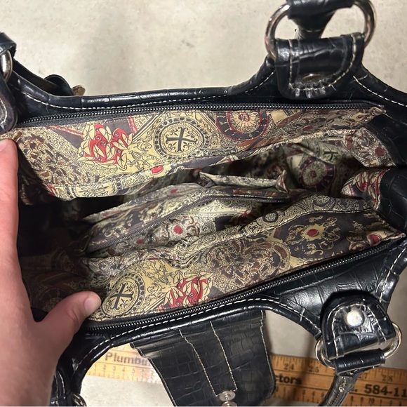 Tan & Black Straw Woven Buckle Handbag Tote Basket Black Reptile Faux Leather - Picture 7 of 9